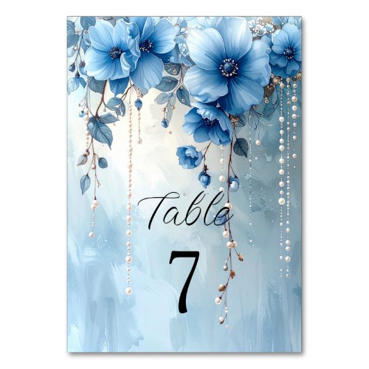 Blue Flowers and Pearls Table Number Kaart (Voorkant)
