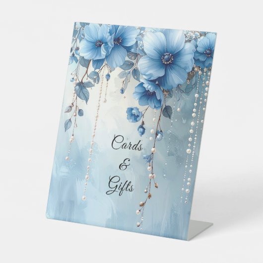 Blue Flowers and Pearls Tabletop Signs Reclamebord Met Voetstuk (Voorkant)