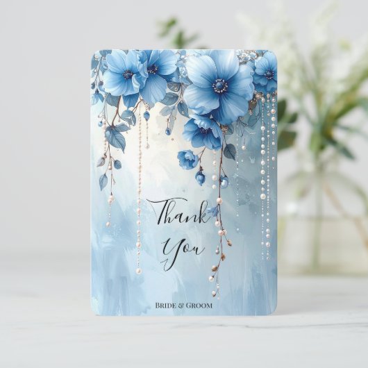 Blue Flowers and Pearls Thank You Card Bedankkaart (Staand voorkant)
