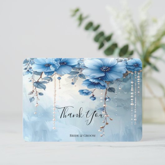 Blue Flowers and Pearls Thank You Card Bedankkaart (Staand voorkant)