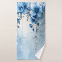 Blue Flowers and Pearls Towel Set