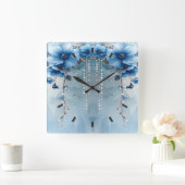 Blue Flowers and Pearls Wall Clock Vierkante Klok (Huis)