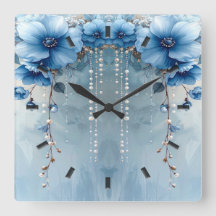 Blue Flowers and Pearls Wall Clock