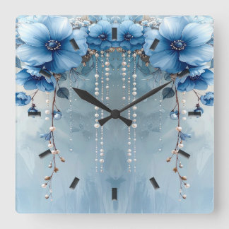 Blue Flowers and Pearls Wall Clock Vierkante Klok