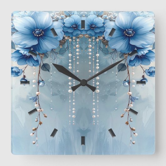Blue Flowers and Pearls Wall Clock Vierkante Klok (Voorkant)