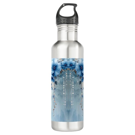 Blue Flowers and Pearls Water Bottle Waterfles (Voorkant)