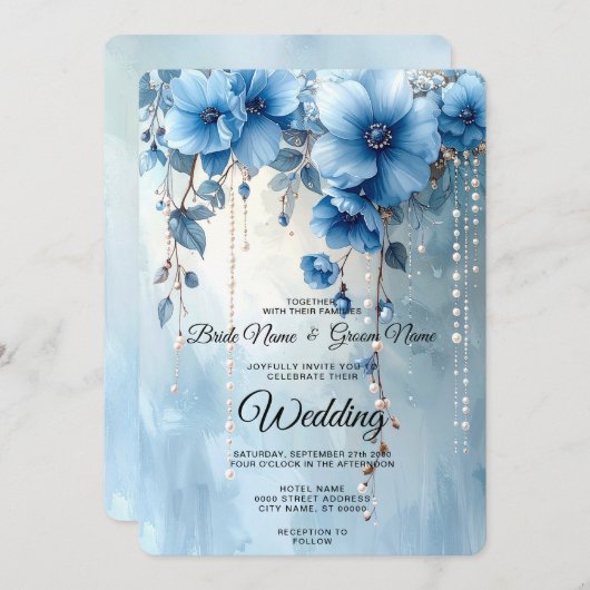 Blue Flowers and Pearls Wedding Invitation Kaart (Voorkant / Achterkant)