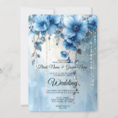 Blue Flowers and Pearls Wedding Invitation Kaart (Voorkant)