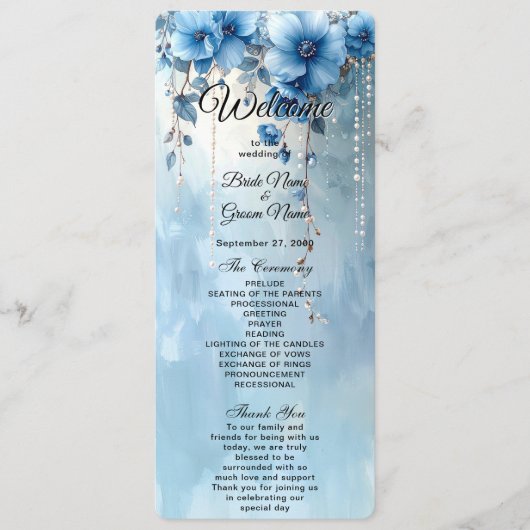 Blue Flowers and Pearls Wedding Program Programmakaart (Voorkant)