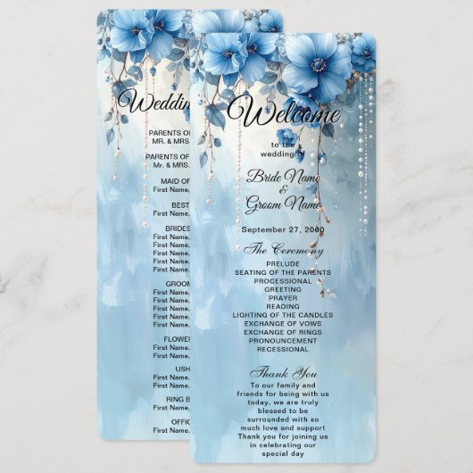 Blue Flowers and Pearls Wedding Program Programmakaart (Voorkant / Achterkant)