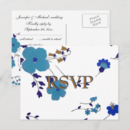 Blue Flowers Art Uitnodiging Briefkaart (Voorkant / Achterkant)