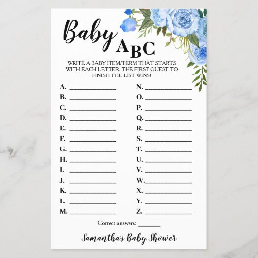 Blue Flowers Baby ABC Baby shower Game Kaart (Voorkant)