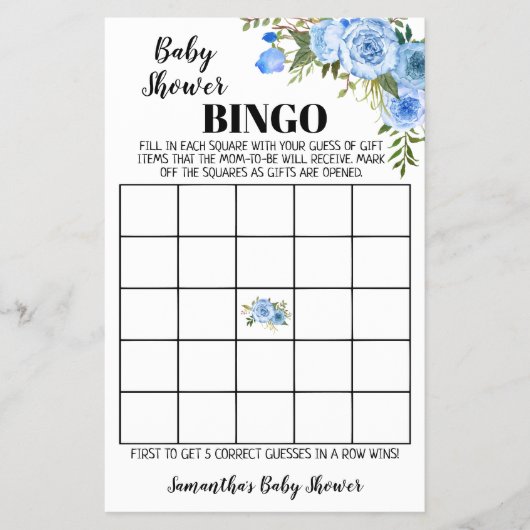 Blue Flowers Baby shower Bingo game card Flyer (Voorkant)