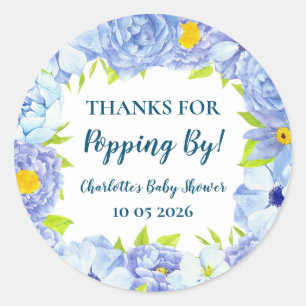 Blue Flowers Bedankt voor Popping By Baby shower L Ronde Sticker