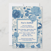 Blue Flowers Birthday Invitation