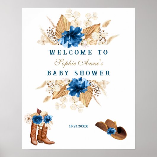 Blue Flowers Boots Baby shower Welkomstbord Poster (Voorkant)