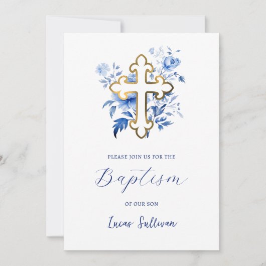 Blue Flowers Bouquet Baptism Invitation Kaart (Voorkant)