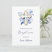 Blue Flowers Bouquet Baptism Invitation Kaart (Staand voorkant)