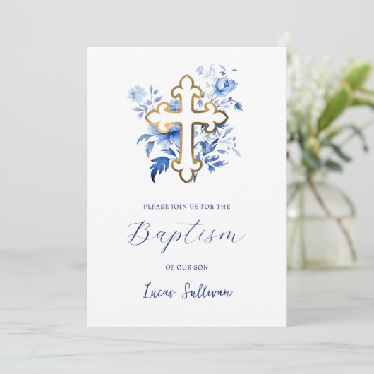 Blue Flowers Bouquet Baptism Invitation Kaart (Staand voorkant)