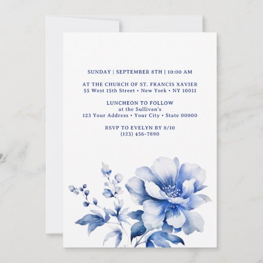 Blue Flowers Bouquet Baptism Invitation Kaart (Achterkant)