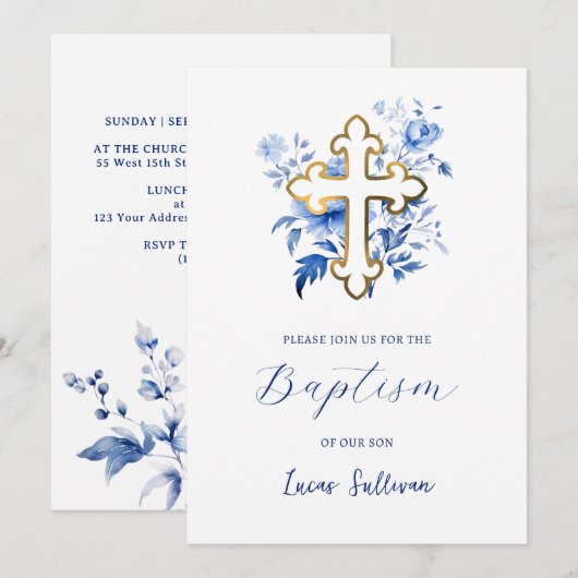 Blue Flowers Bouquet Baptism Invitation Kaart (Voorkant / Achterkant)