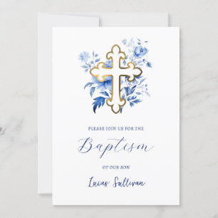 Blue Flowers Bouquet Baptism Invitation Kaart