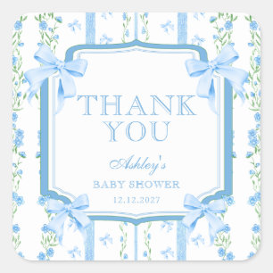 Blue Flowers & Bow Boy Baby shower Bedankt Vierkante Sticker