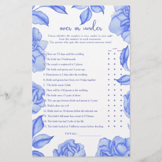 Blue Flowers Bridal shower Over or under game (Voorkant)