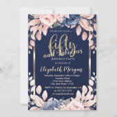 Blue Flowers Confetti Navy Blue 50th Birthday Kaart (Voorkant)