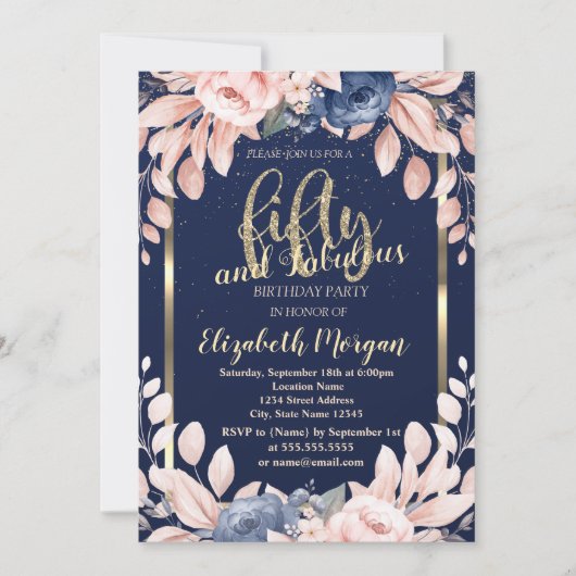 Blue Flowers Confetti Navy Blue 50th Birthday Kaart (Voorkant)