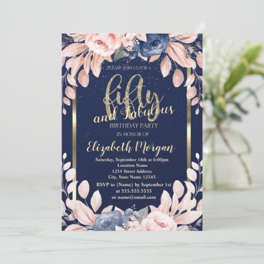 Blue Flowers Confetti Navy Blue 50th Birthday Kaart (Staand voorkant)