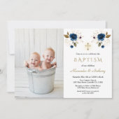 Blue Flowers Cross Boys Twins Photo Baptisme Kaart (Voorkant)