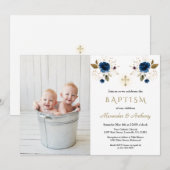 Blue Flowers Cross Boys Twins Photo Baptisme Kaart (Voorkant / Achterkant)
