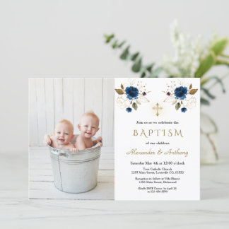 Blue Flowers Cross Boys Twins Photo Baptisme Kaart