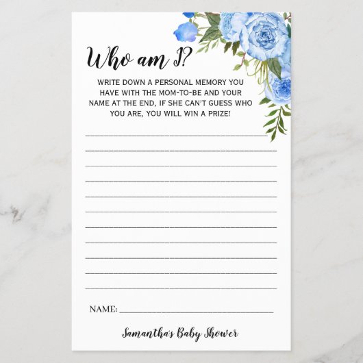 Blue Flowers die ik Baby shower Game Kaart ben (Voorkant)