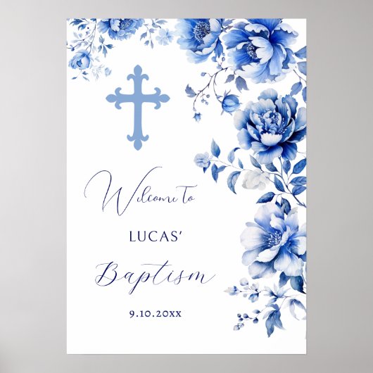 Blue Flowers Doop Welkom Poster (Voorkant)