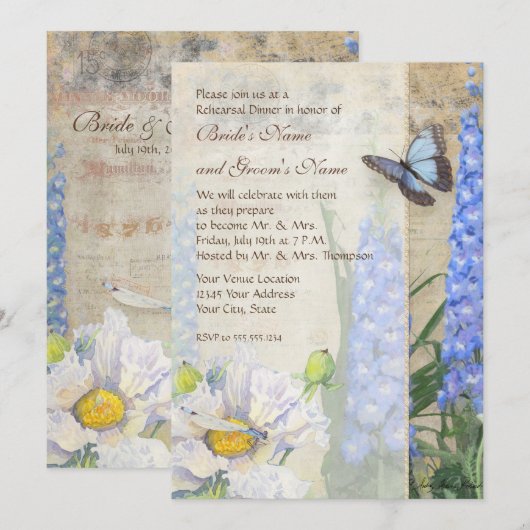 Blue Flowers Dragonfly Butterfly repesal Dinner Kaart (Voorkant / Achterkant)