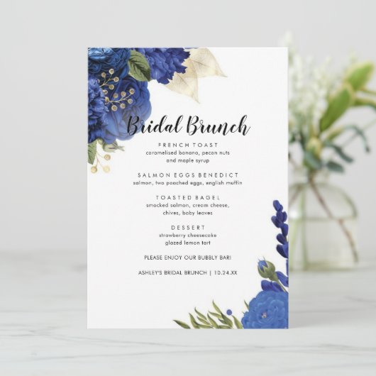 Blue Flowers Elegant Bridal Brunch Menu (Staand voorkant)