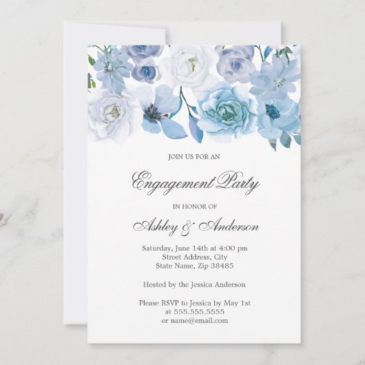 Blue Flowers Elegant Engagement Party Uitnodiging (Voorkant)