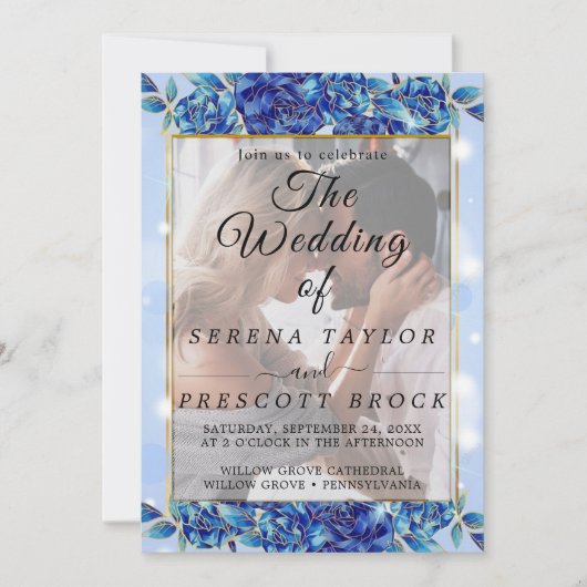 Blue Flowers Elegant Vellum Wedding Invitation Kaart (Voorkant)