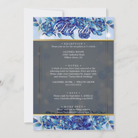 Blue Flowers Elegant Vellum Wedding Invitation Kaart (Achterkant)