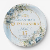 Blue Flowers Eucalyptus Gold Custom Quince Plates Papieren Bordje (Voorkant)