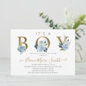 Blue Flowers Floral Boy Baby shower Kaart (Staand voorkant)