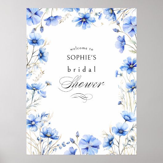 Blue Flowers Floral Lijst Vrijgezellenfeest Welkom Poster (Voorkant)
