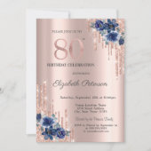Blue Flowers Glitter Drips Roos Gold 80th Kaart (Voorkant)