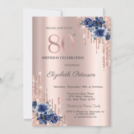 Blue Flowers Glitter Drips Roos Gold 80th Kaart (Voorkant)