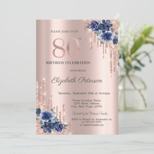 Blue Flowers Glitter Drips Roos Gold 80th Kaart (Staand voorkant)