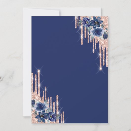 Blue Flowers Glitter Drips Roos Gold 80th Kaart (Achterkant)