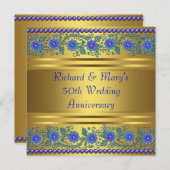 Blue Flowers Gold 50th Wedding Jubileum Kaart (Voorkant / Achterkant)