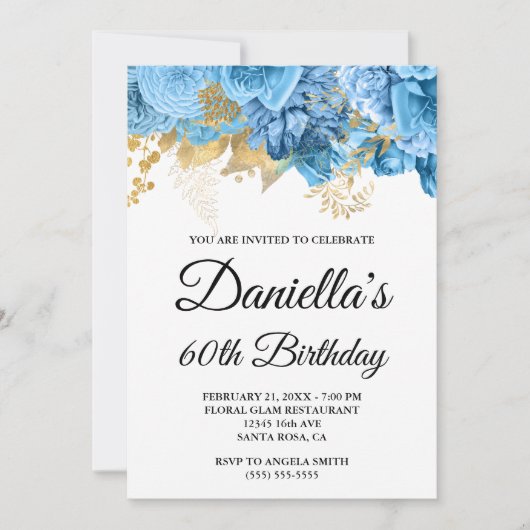 Blue Flowers Gold Foil Glam 60th Birthday Kaart (Voorkant)